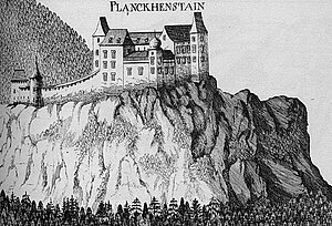 Schloss Plankenstein, Kupferstich von Georg Matthäus Vischer, aus: Topographia Archiducatus Austriae Inferioris Modernae, 1672